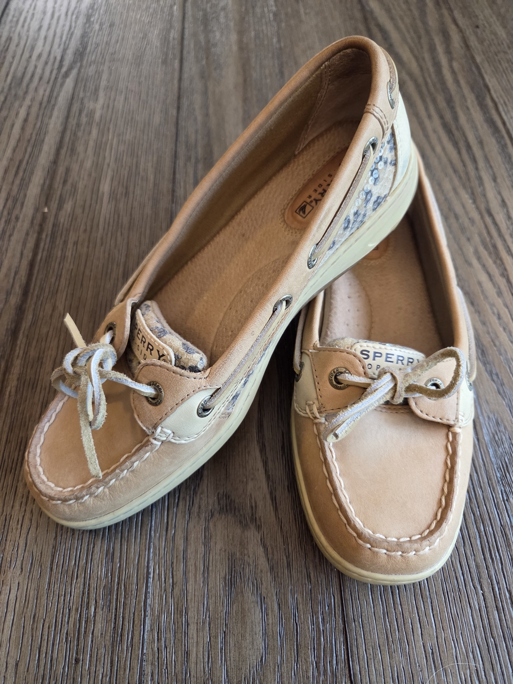 Sperry Top-Sider Bluefish Leopard Sequin Boat Shoes Tan Leather 2-Eye Moc Toe US